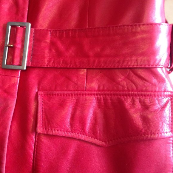 Vintage Mid-Length Genuine Leather Red Coat - Picture 9 of 10
